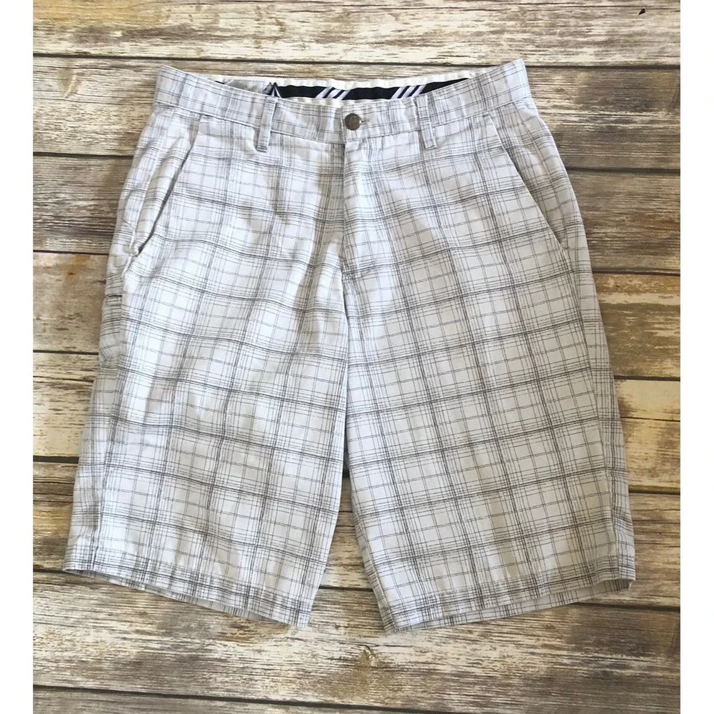 Volcom Mens White and Gray Striped Shorts Size 30 Flat Front Skateboard Y2K